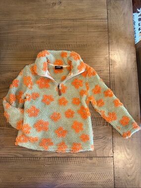 Tea Collection Kids Floral Sherpa Pullover - Mint with Orange Flowers